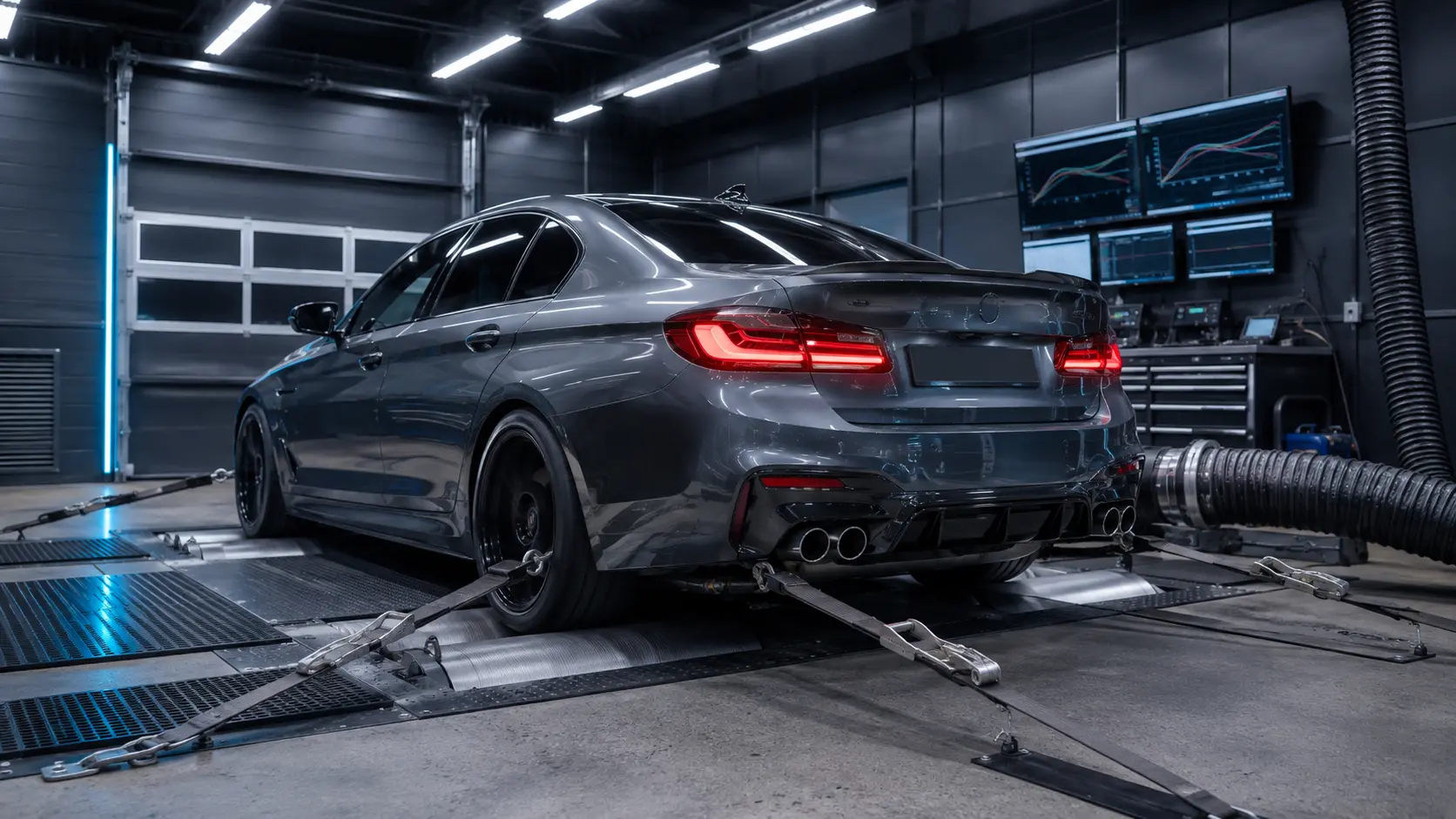 Symbolische Werkstattaufnahme eines Performance-Fahrzeugs auf einem Allrad-Leistungsprüfstand