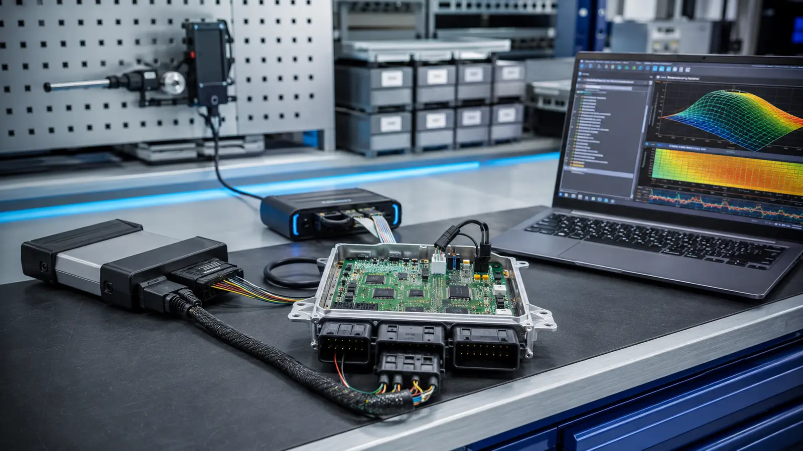 Symbolische Werkstattaufnahme eines professionellen ECU-Programmierarbeitsplatzes