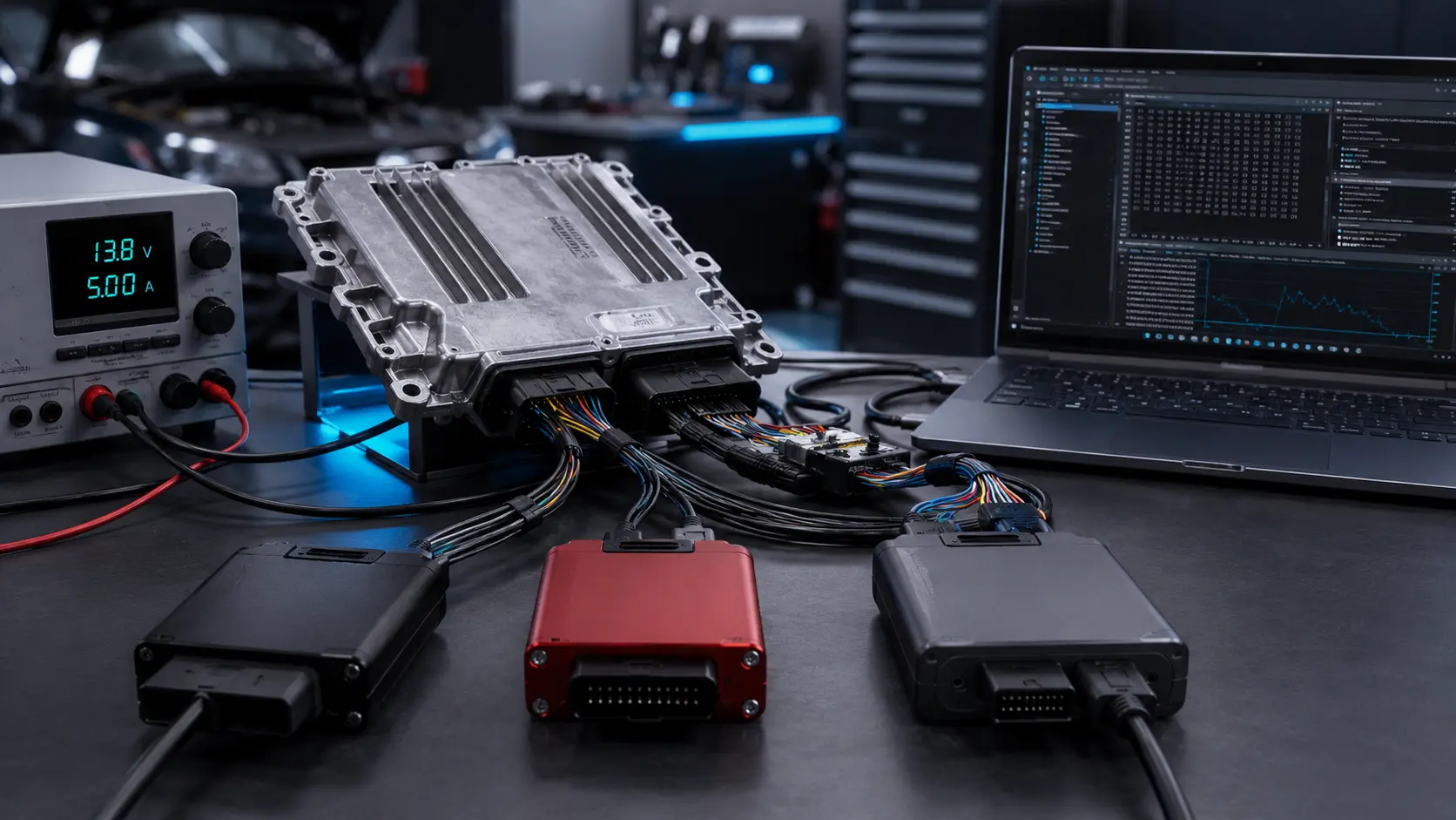 Symbolischer ECU-Programmierarbeitsplatz mit drei professionellen, neutral dargestellten Schnittstellen