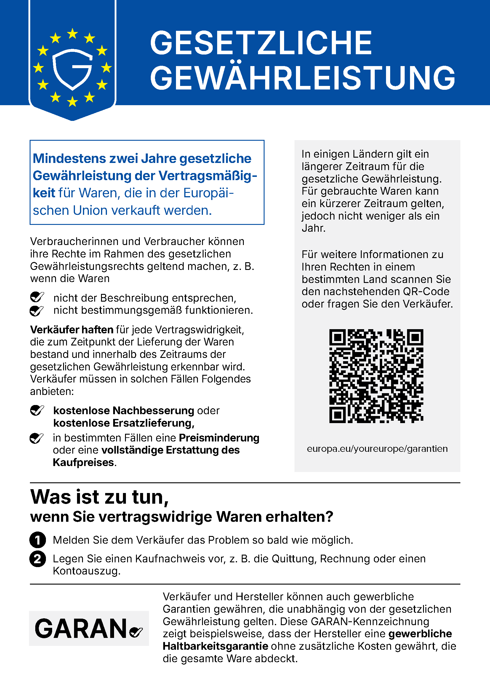 Amtliche EU-Mitteilung: Gesetzliche Gewährleistung für Waren. Erläuterung und weiterer Informationslink folgen.