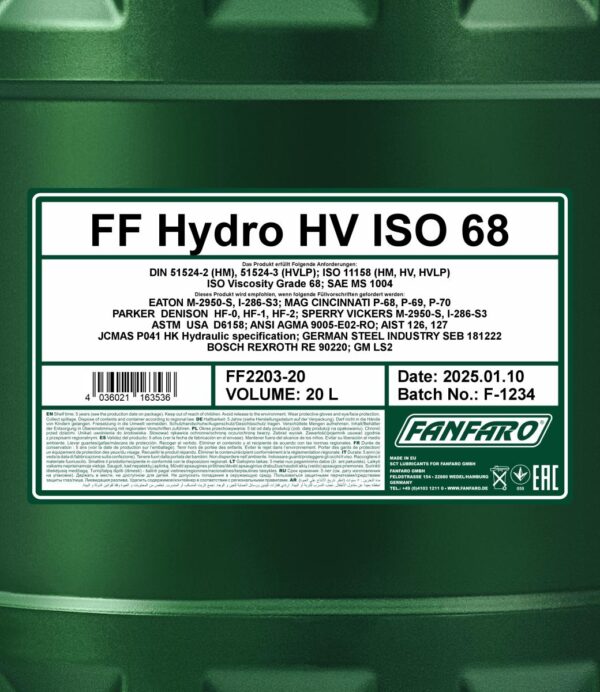 FANFARO 2203 Hydro HV ISO 68 LONGLIFE – 20 l