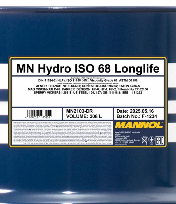 MANNOL 2103 Hydro ISO 68 LONGLIFE – 208 L