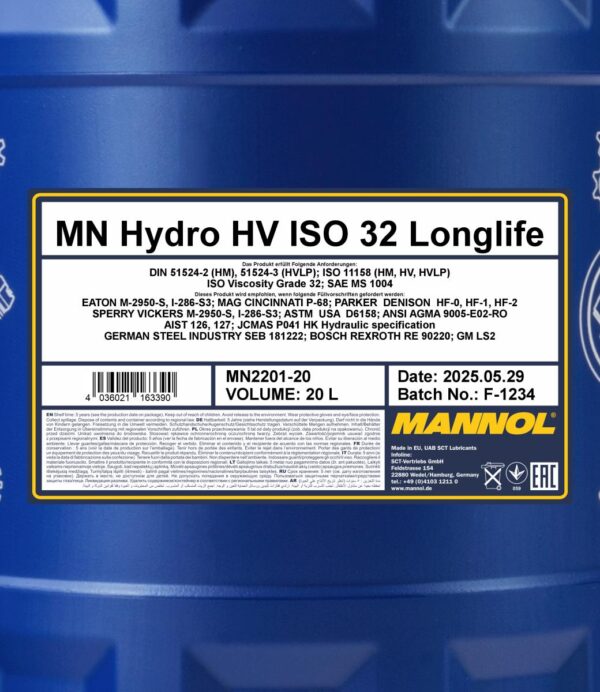 MANNOL 2201 Hydro HV ISO 32 LONGLIFE – 20 L