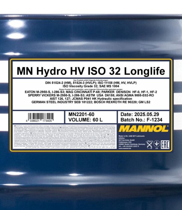 MANNOL 2201 Hydro HV ISO 32 LONGLIFE – 60 L