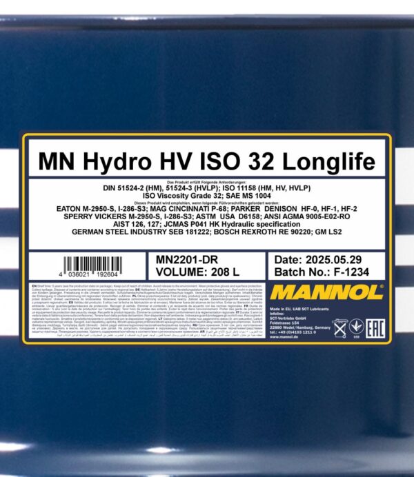 MANNOL 2201 Hydro HV ISO 32 LONGLIFE – 208 L
