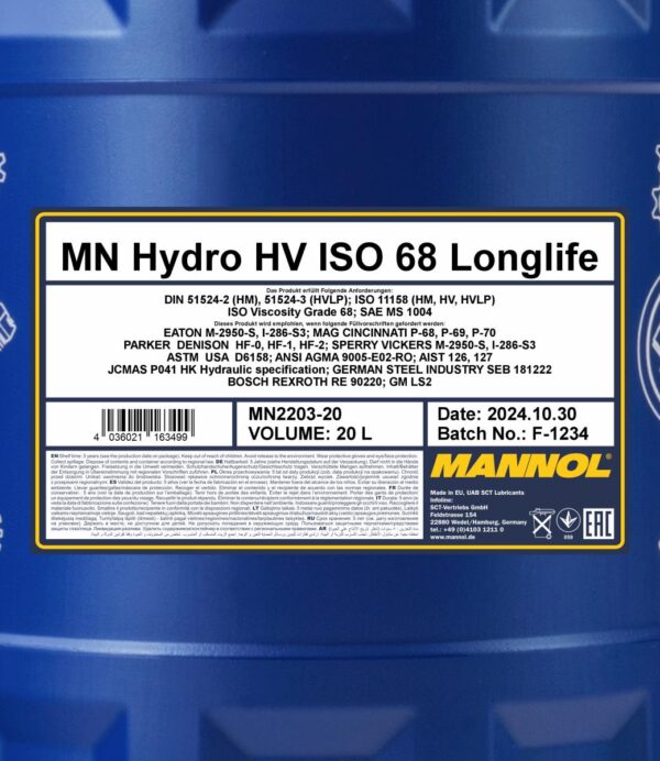 MANNOL 2203 Hydro HV ISO 68 LONGLIFE – 20 L
