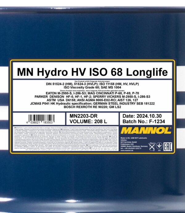 MANNOL 2203 Hydro HV ISO 68 LONGLIFE – 208 L