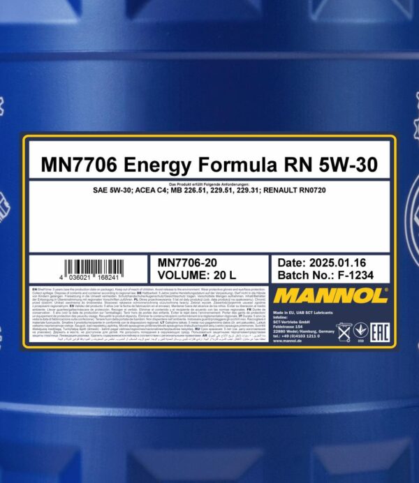 MANNOL 7706 Energy Formula RN 5W-30 &ndash; 20 L